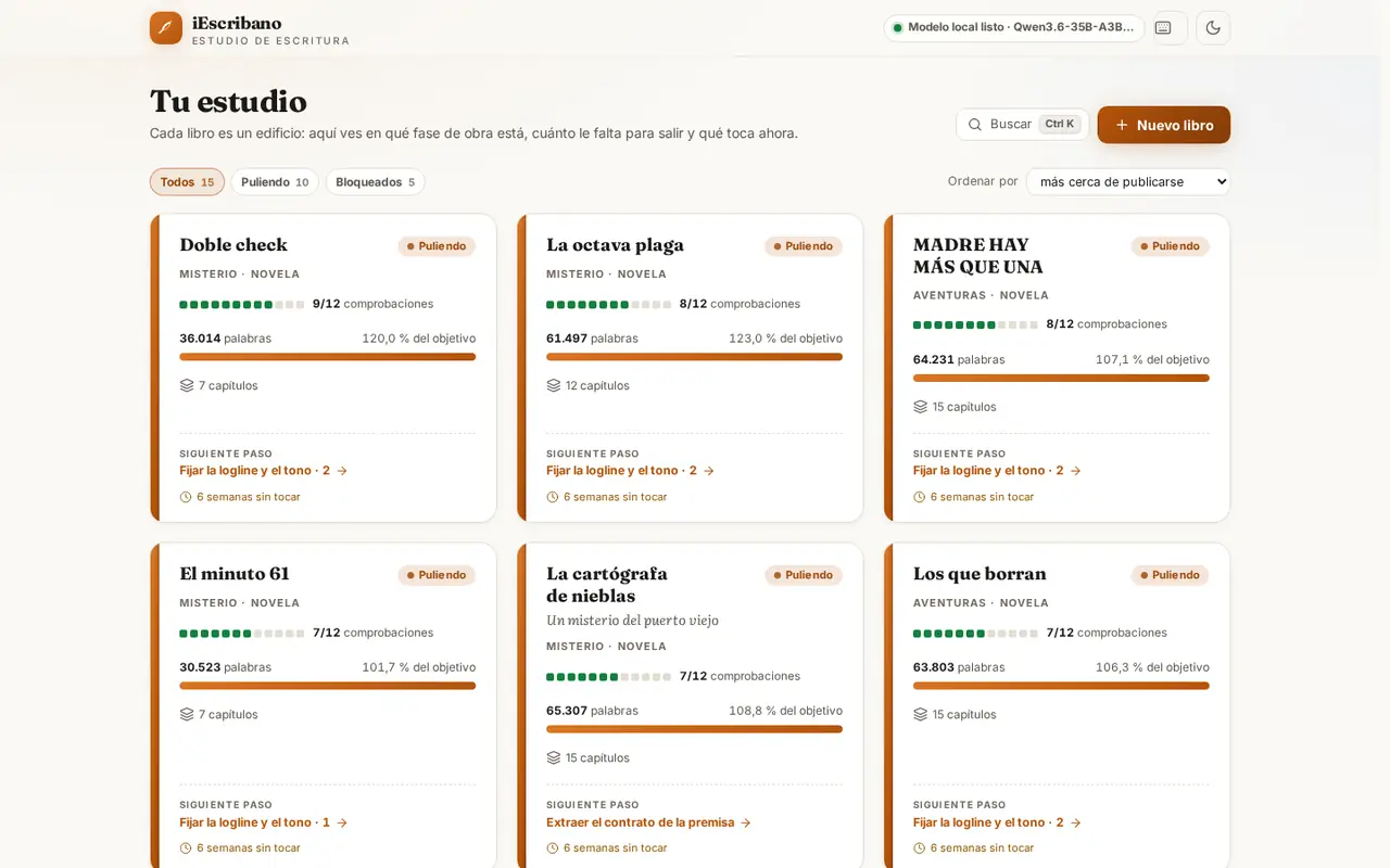 Tu estudio: tarjetas de libros con fase, palabras, comprobaciones y siguiente paso