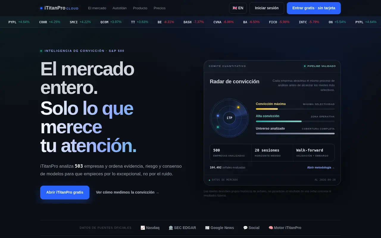 Portada de iTitanPro con el radar de convicción y el ticker del S&P 500