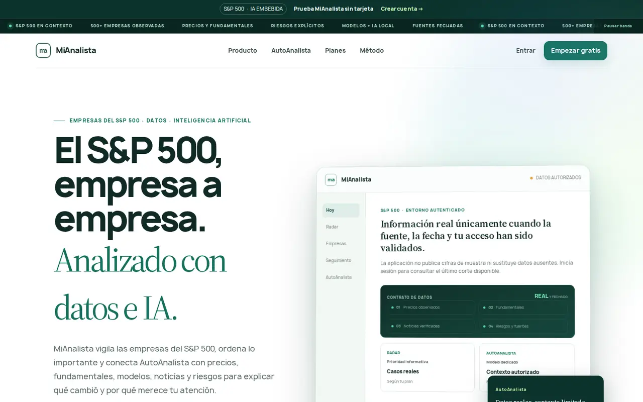 Portada de MiAnalista con vista previa de la aplicación y contrato de datos